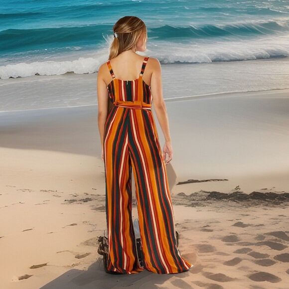 Chic NWT Coco Jaimeson Womens M Jumpsuit Retro Artsy Striped WideLeg Split WBelt - Picture 3 of 5